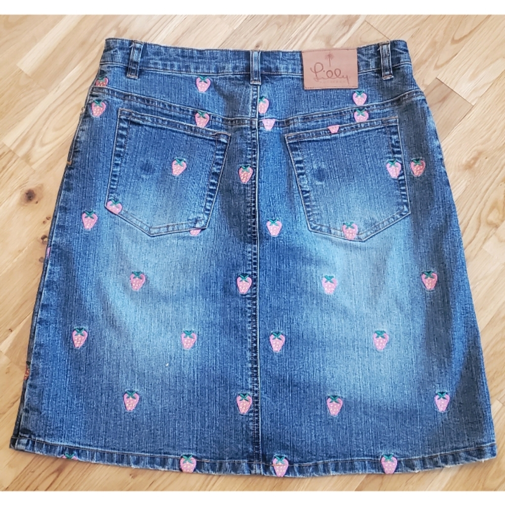 Lilly Pulitzer Blue Denim Mini Skirt with Pink Strawberry Embroidery
